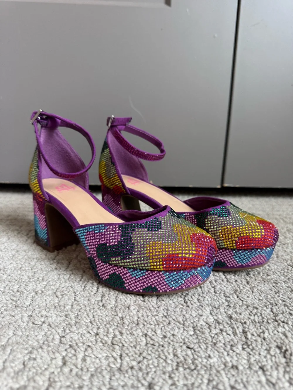 GB Girls Purple Rainbow Rhinestone Platform Block Heel Ankle Strap Shoes 1m